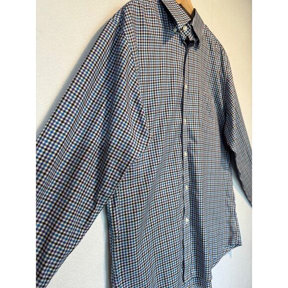 Neiman Marcus Mens Large Plaid Trim Fit Button Up Shirt Black White Purple Blue - Picture 3 of 12